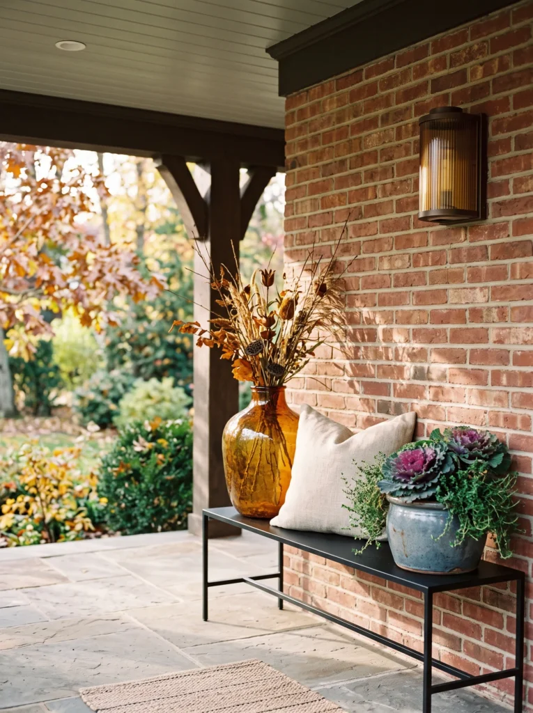 Refined fall porch entry with oversized amber glass vase, slim black bench, flax cushion, blue-gray planters, ornamental kale, and lemon thyme.