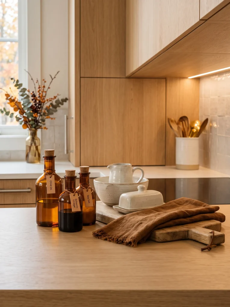 Amber glass kitchenware styled with cream stoneware, tobacco linen, natural oak, and brushed nickel details.