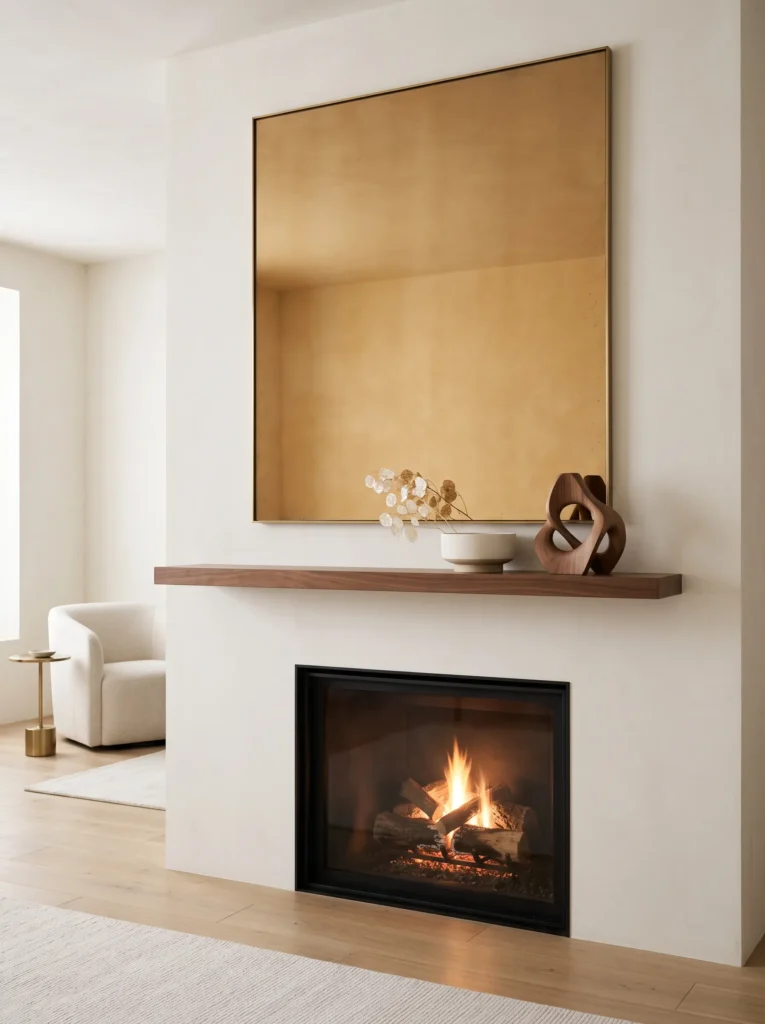 Oversized antiqued amber-glass mirror above a walnut mantel with a cream ceramic vessel and aged-brass frame, styled for sophisticated fall mantel decor.