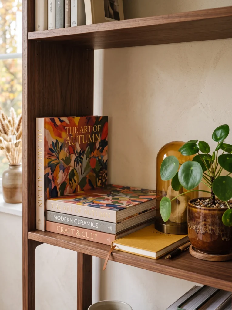 Amber glass cloche, poetry books, mustard journal, and pilea styled on a rich autumn bookshelf.