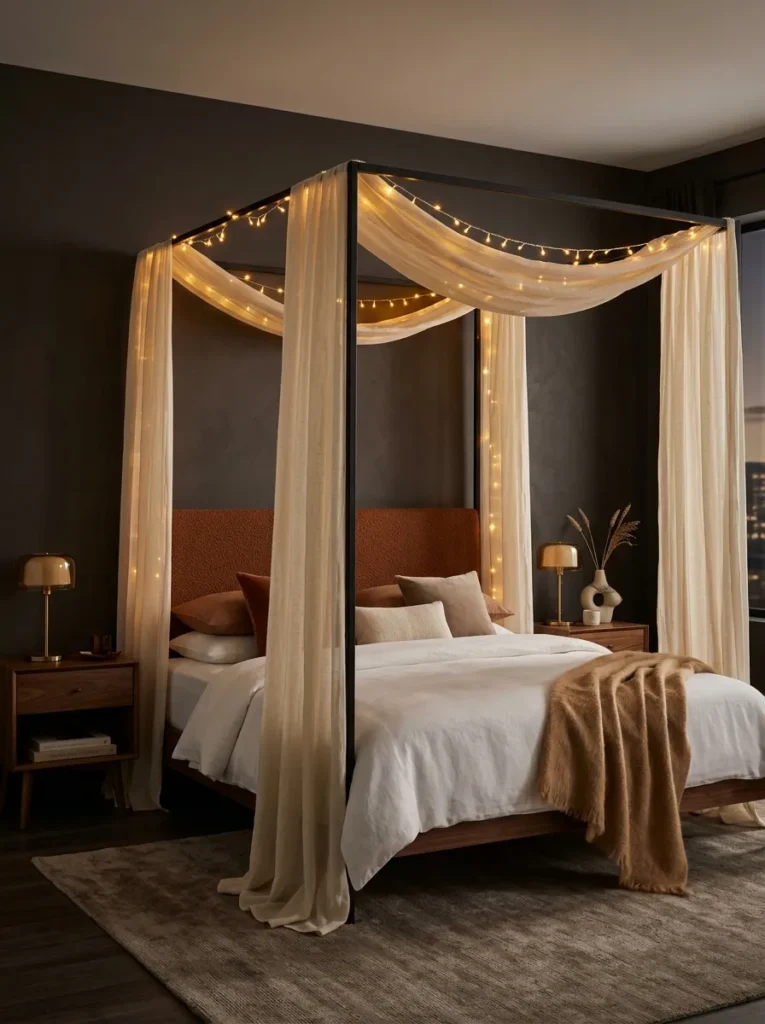 Blackened-steel canopy frame lit with amber light over a walnut bed