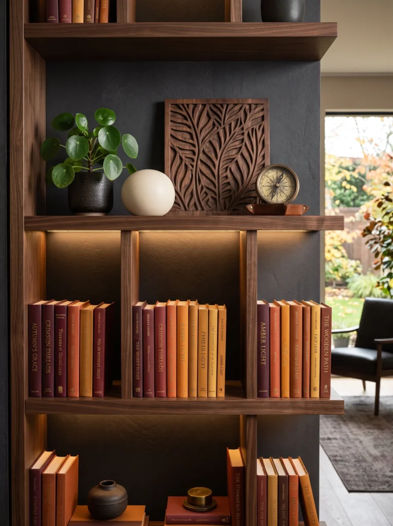 Amber and oxblood books, carved wood relief, brass compass, ceramic sphere, and Chinese money plant on a fall bookshelf.