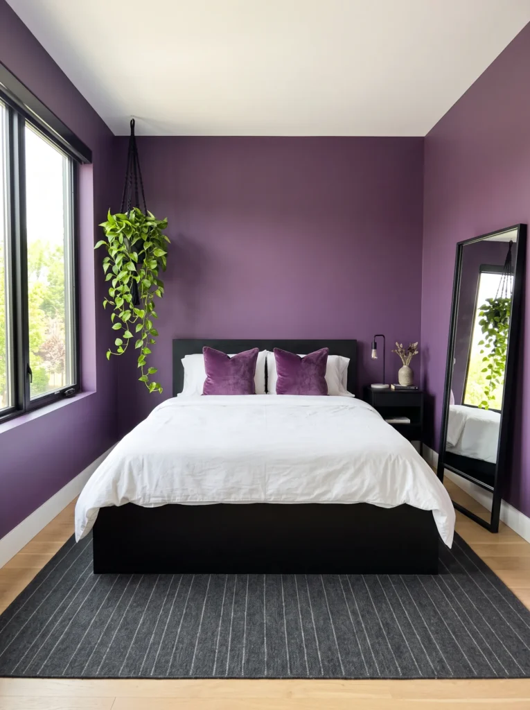 Amethyst bedroom with black platform bed, white bedding, black mirror, and trailing pothos.