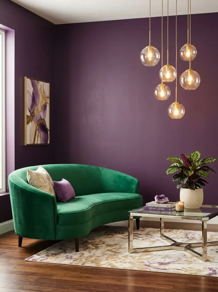 Amethyst-purple walls with an emerald velvet settee