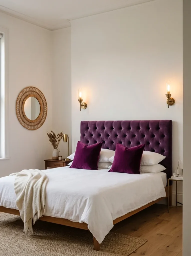 Tufted amethyst velvet headboard against a warm white wall