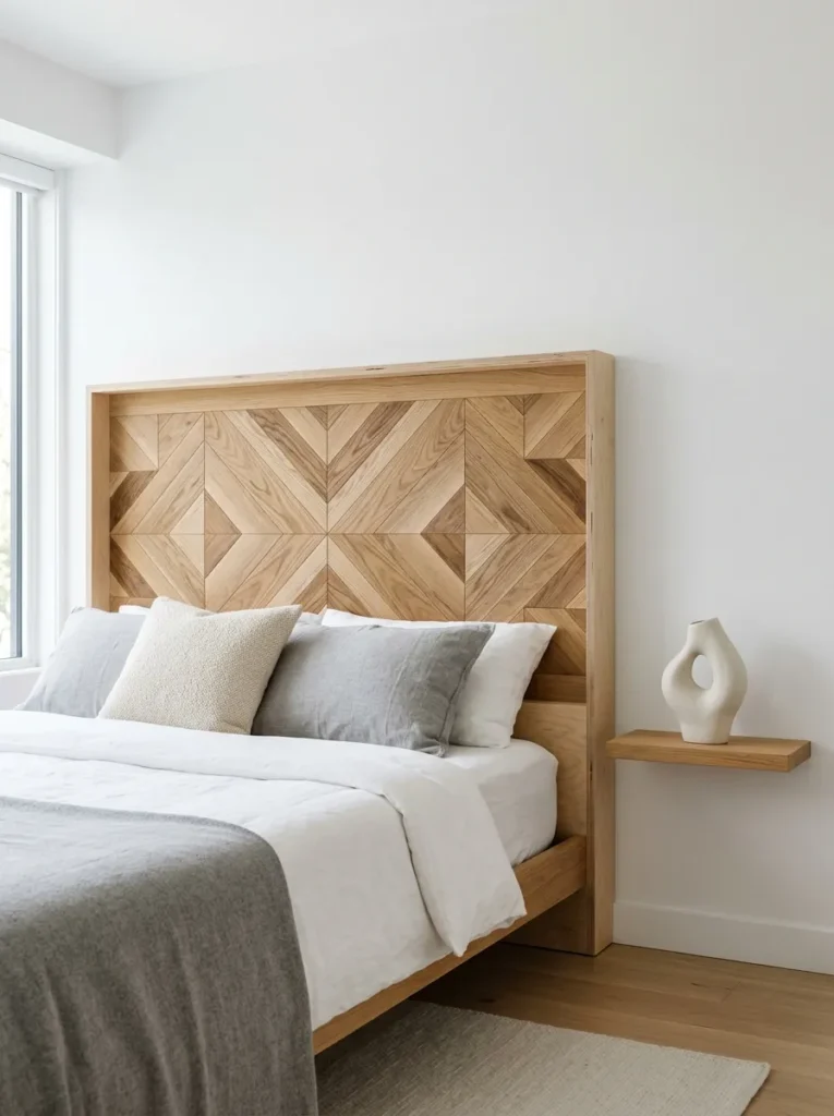 Asymmetric oak veneer geometric DIY headboard on a natural plywood base.