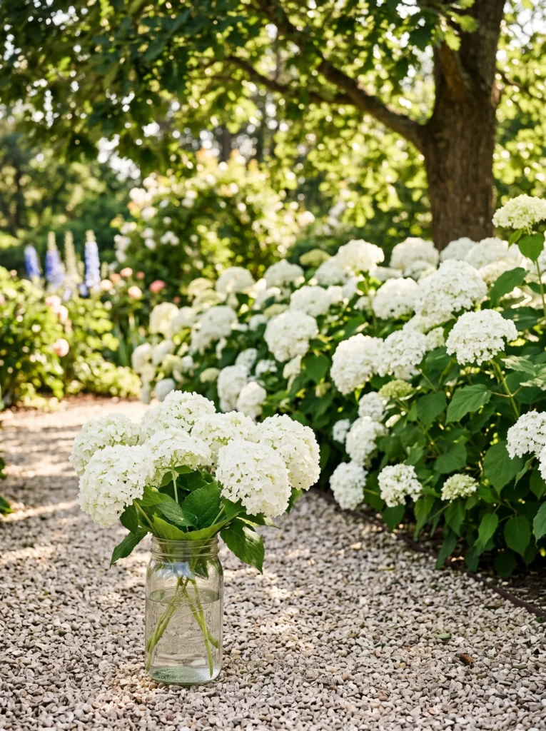 Backyard hedge scene: bigleaf hydrangeas along a cedar fence, blooms shifting from deep cobalt blue on the left to soft lavender-pink on the right. Late-afternoon backlight, warm rim light on petal edges. Gravel path in foreground, shallow focus, fence softly blurred.