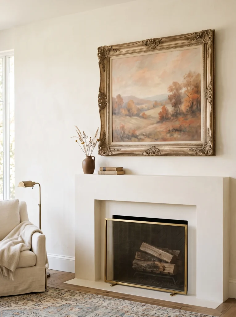 Oversized antique landscape artwork with a distressed champagne-bronze frame, cream ledge, and coffee-brown ceramic accent on a fall mantel.
