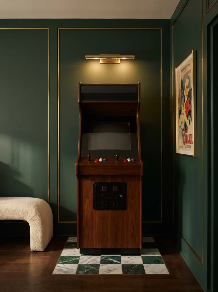 "Restored vintage arcade cabinet styled as furniture under picture light