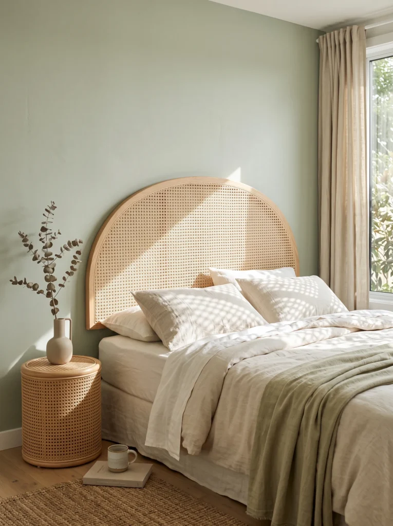 Arched natural cane DIY headboard mounted against a soft sage wall.