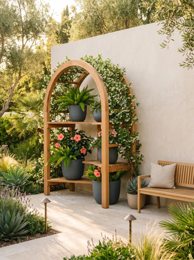 Arched cedar pavilion with hibiscus and jasmine.