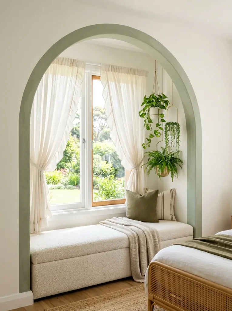  Curved plaster arch window seat with trailing plants beside it