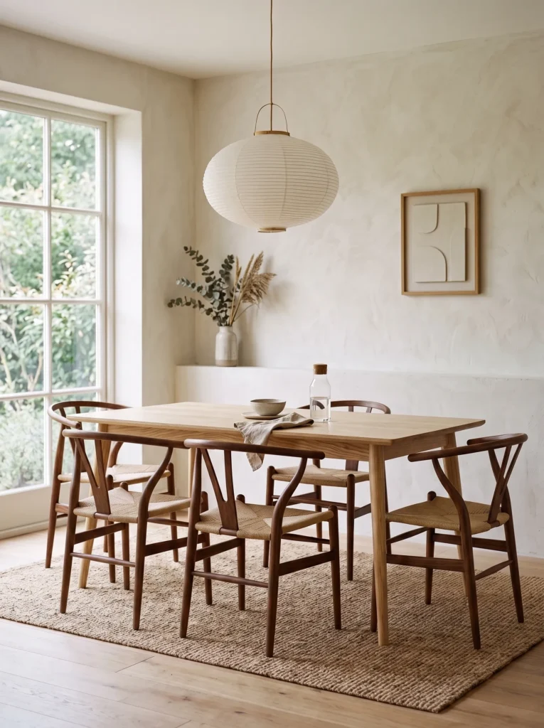 Ash dining table paired with walnut wishbone chairs in a Japandi dining room.