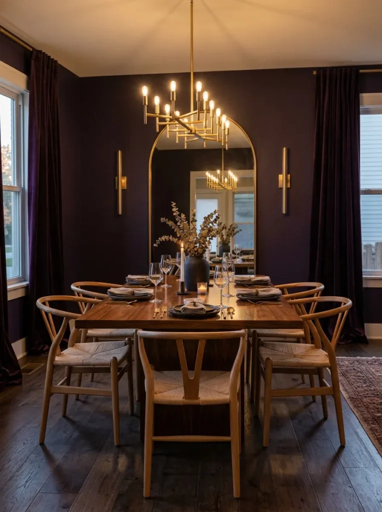 Aubergine dining room wall with a brass linear chandelier