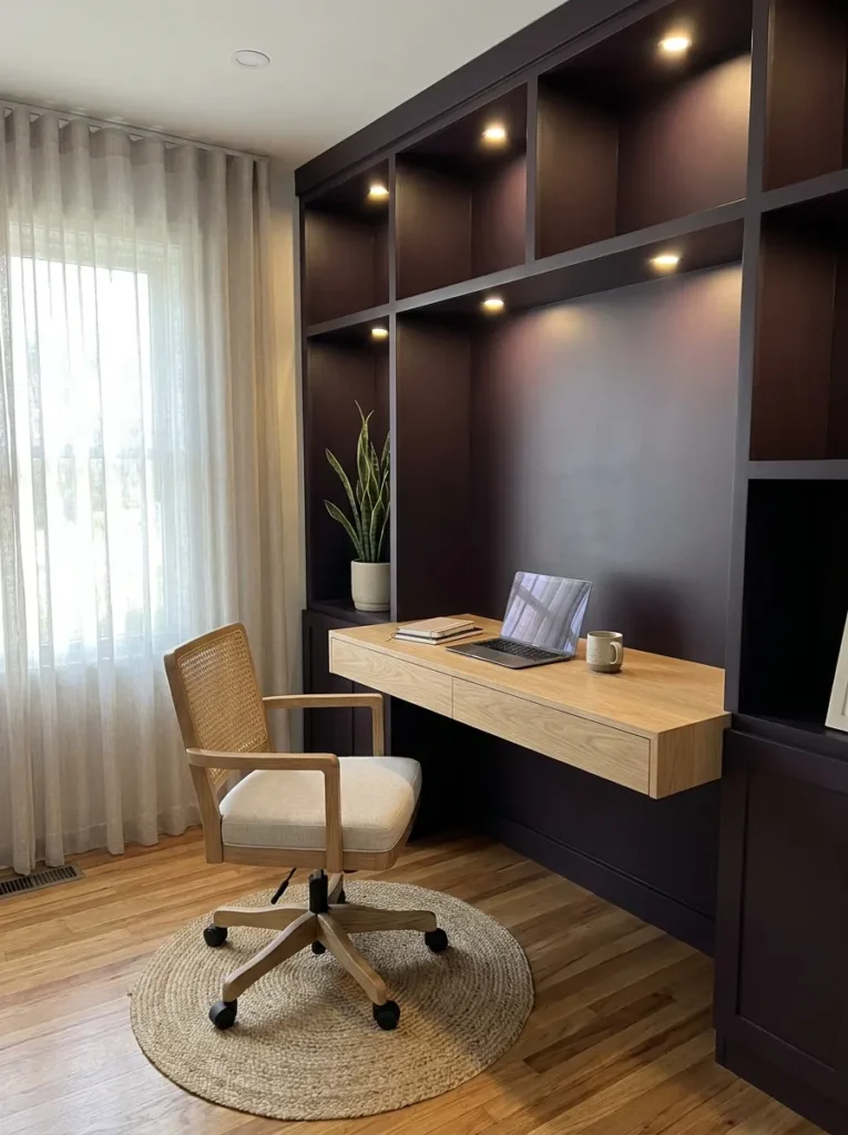  Aubergine built-in office corner with internally lit shelving and a floating white oak desk