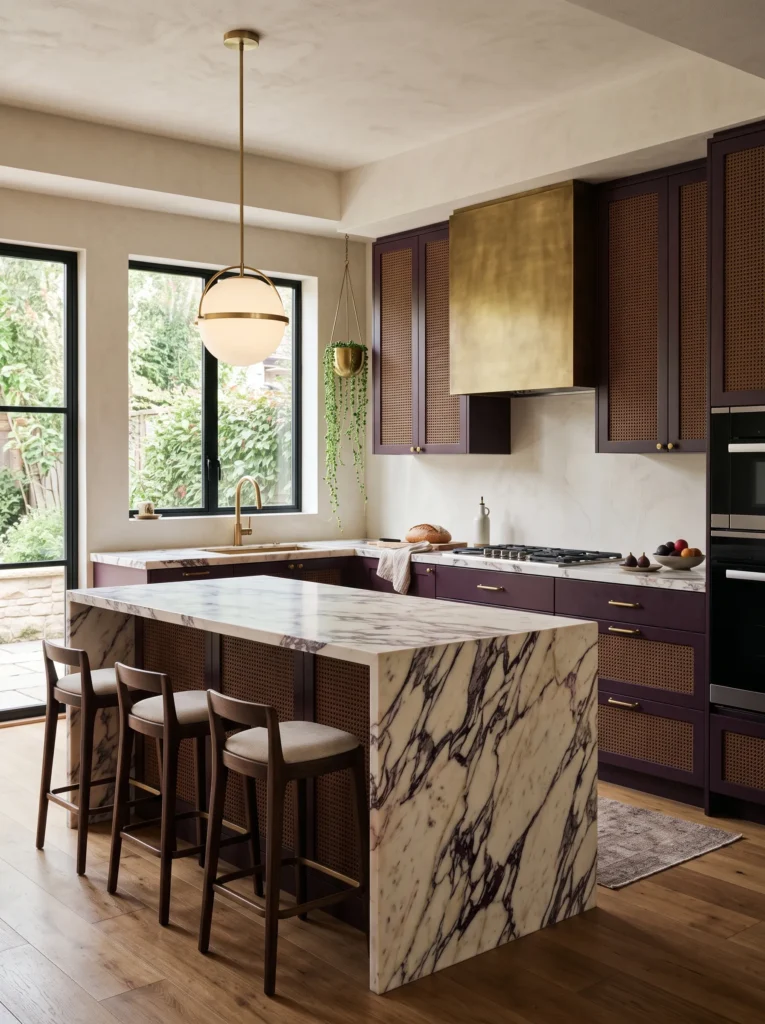 Deep aubergine cane-front cabinetry with Calacatta Viola marble countertops.