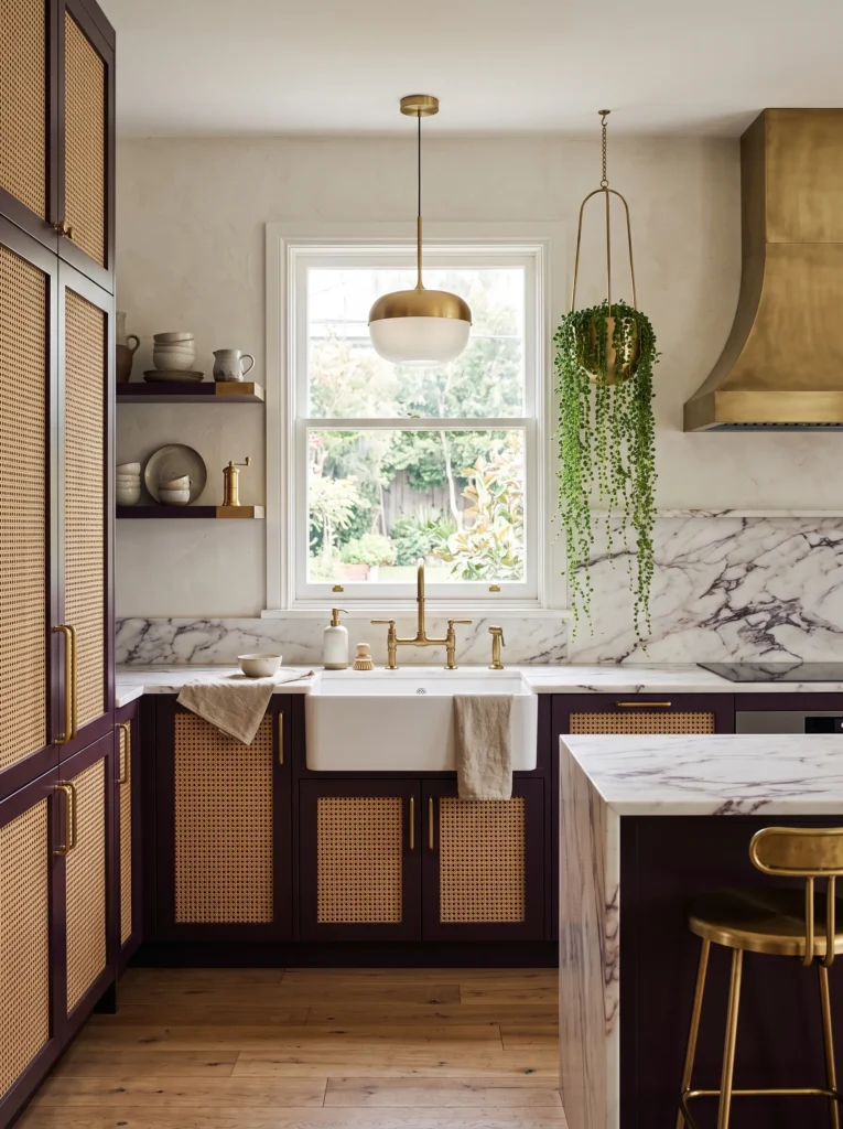 Deep aubergine cane-front cabinetry with Calacatta Viola marble countertops.