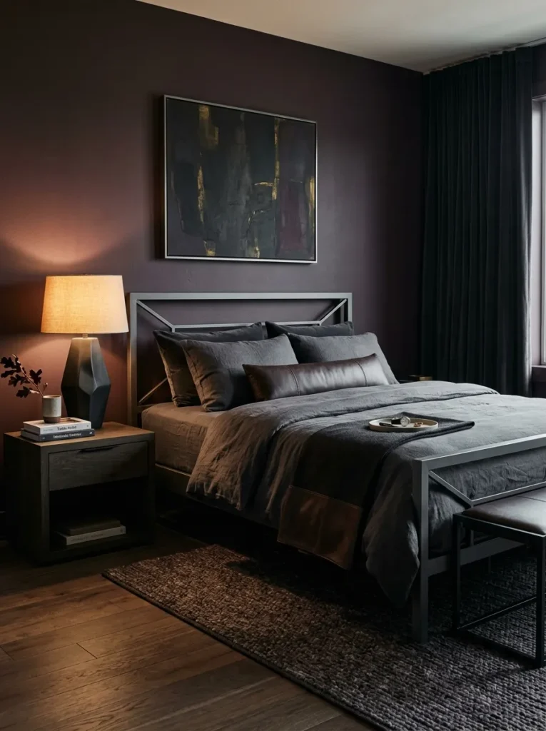 Deep aubergine wall with a gunmetal gray bed frame