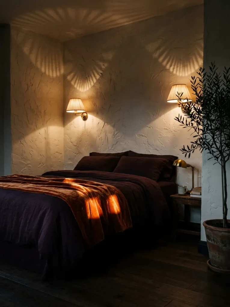 Ivory plaster relief above an aubergine bedroom
