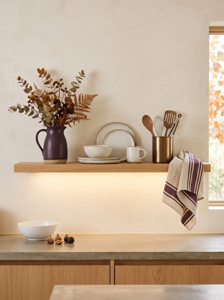 Aubergine kitchen shelf with ivory stoneware, brushed bronze accents, plum-striped linen, and warm under-shelf lighting.