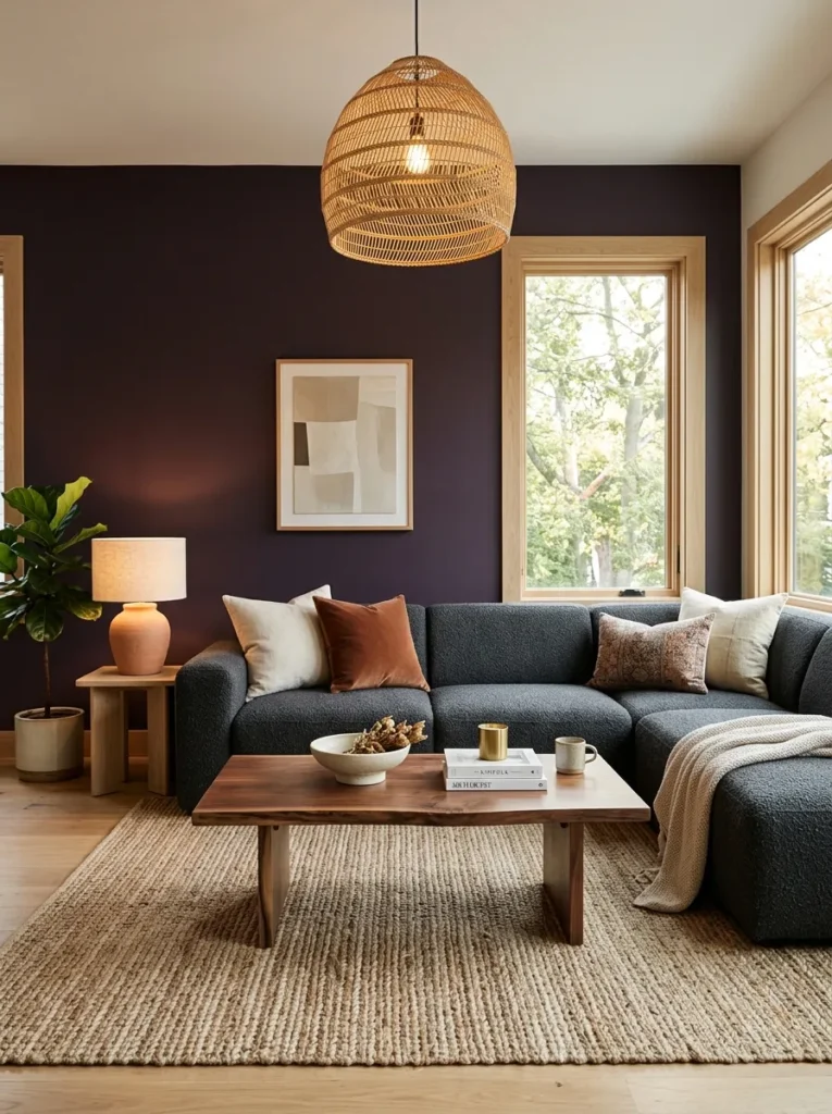  Deep aubergine living room wall with white oak trim