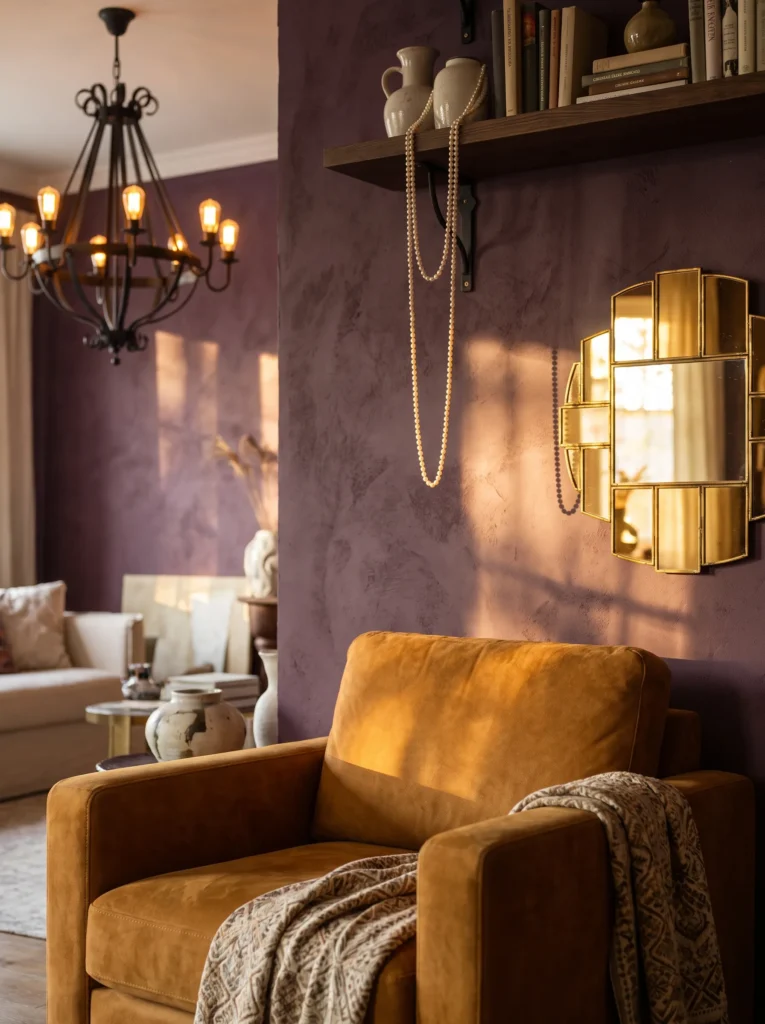 Aubergine living room corner with suede armchair and brass mirror gallery wall