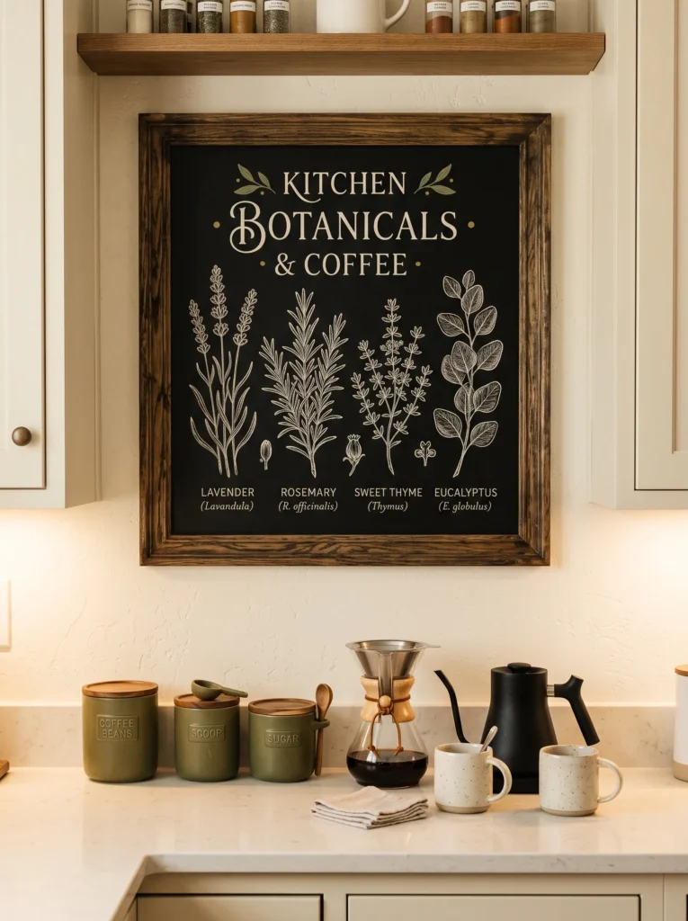 Vintage fall chalkboard with botanical sketches labeled Cinnamon, Clove, and Sage above a kitchen coffee station with olive ceramics.