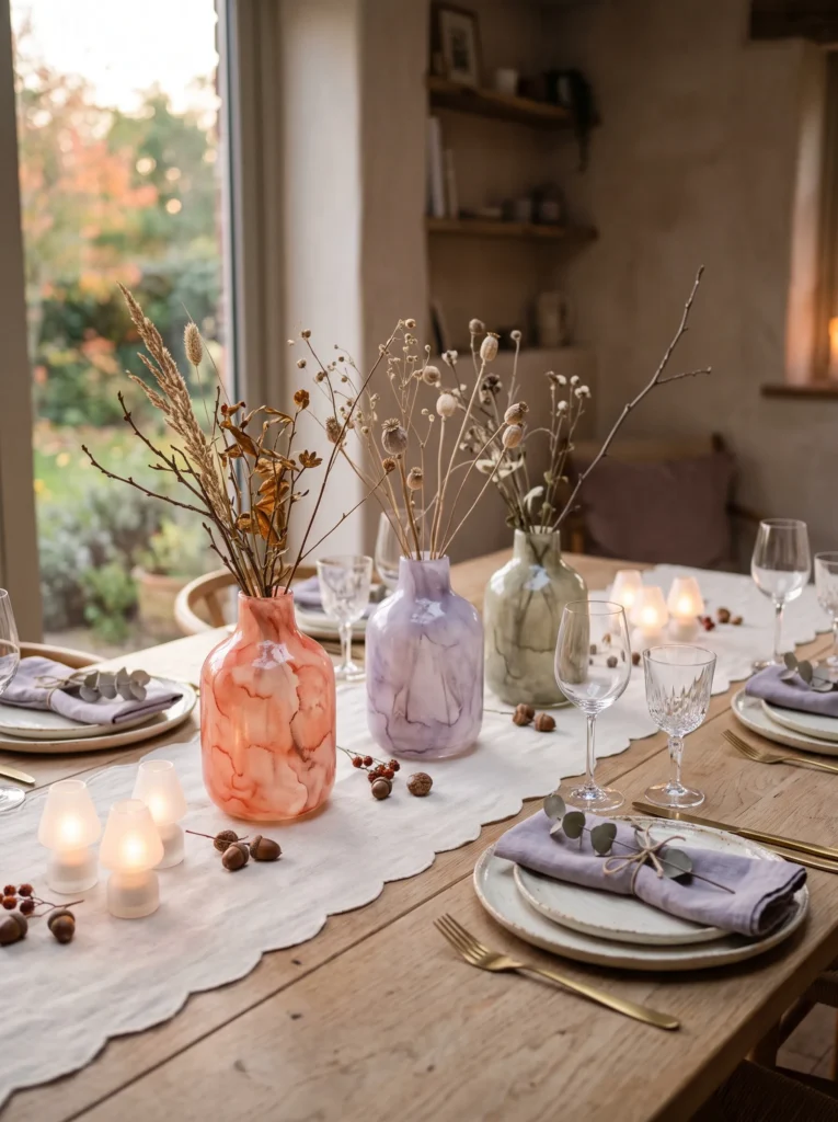  Fall table centerpiece ideas with watercolor-painted glass vessels, coral and lavender tones, dried flowers, cream linen, and soft seasonal styling.