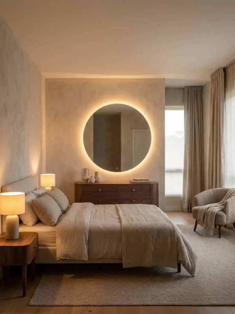 Asymmetric backlit mirror glowing above a curved walnut dresser with brass pulls
