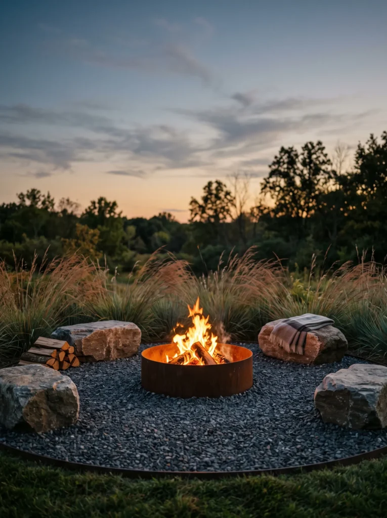  Corten steel fire ring with fieldstone seating and bluestem grass.