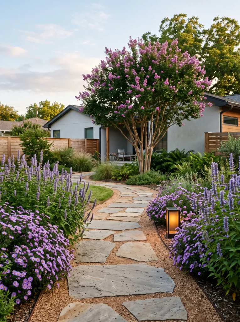 Flagstone side yard path bordered by purple asters and crape myrtle.