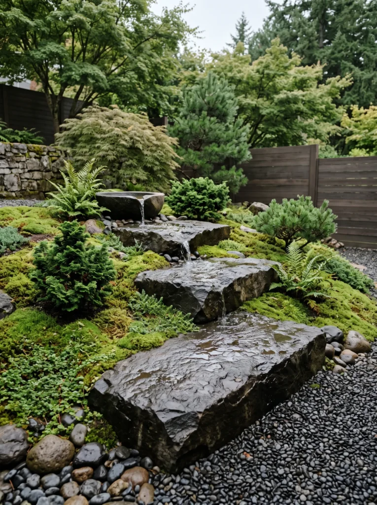 Basalt spillway steps creating a stylish gutter drainage solution on a sloped Japanese-inspired garden.