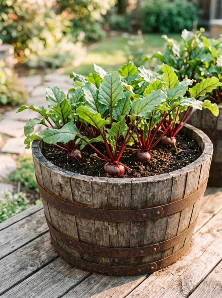  A halved wine barrel planter with weathered oak staves, filled with dark soil and rows of beet greens with visible burgundy stems and a few exposed root shoulders. Warm afternoon light. Wooden deck surface. Close three-quarter angle showing barrel texture and plant detail.