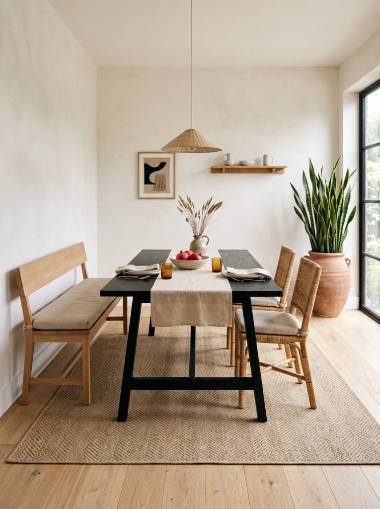 Black-stained oak dining table with a light oak bench and woven chairs.