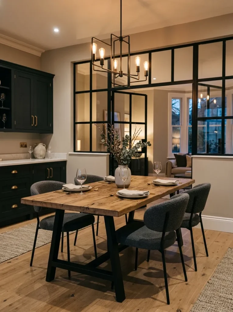 Black steel-framed interior windows in a moody dining room