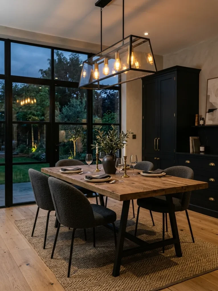 Black steel-framed interior windows that open outside in a moody dining room