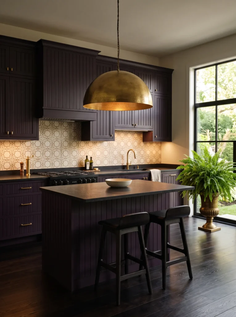 Blackberry beadboard cabinetry with a brass dome pendant and leathered black granite countertops.