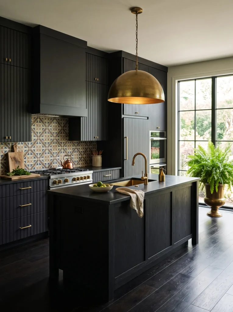 Blackberry beadboard cabinetry with a brass dome pendant and leathered black granite countertops.