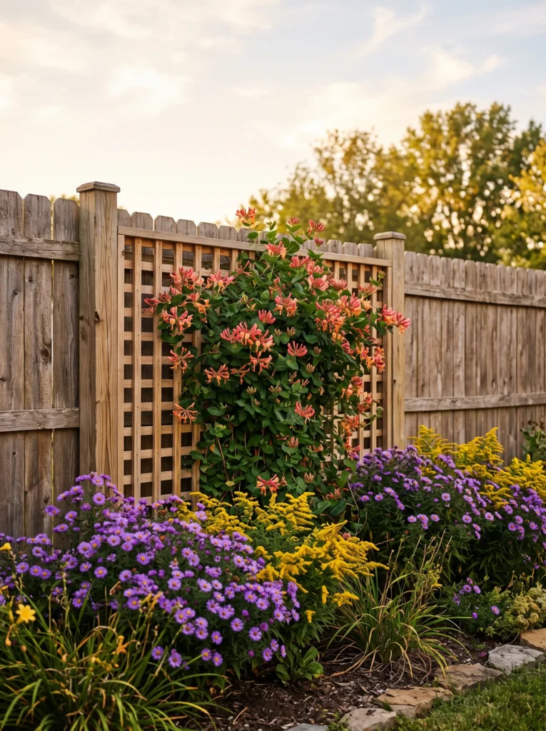 Cedar lattice with climbing honeysuckle and aster border.