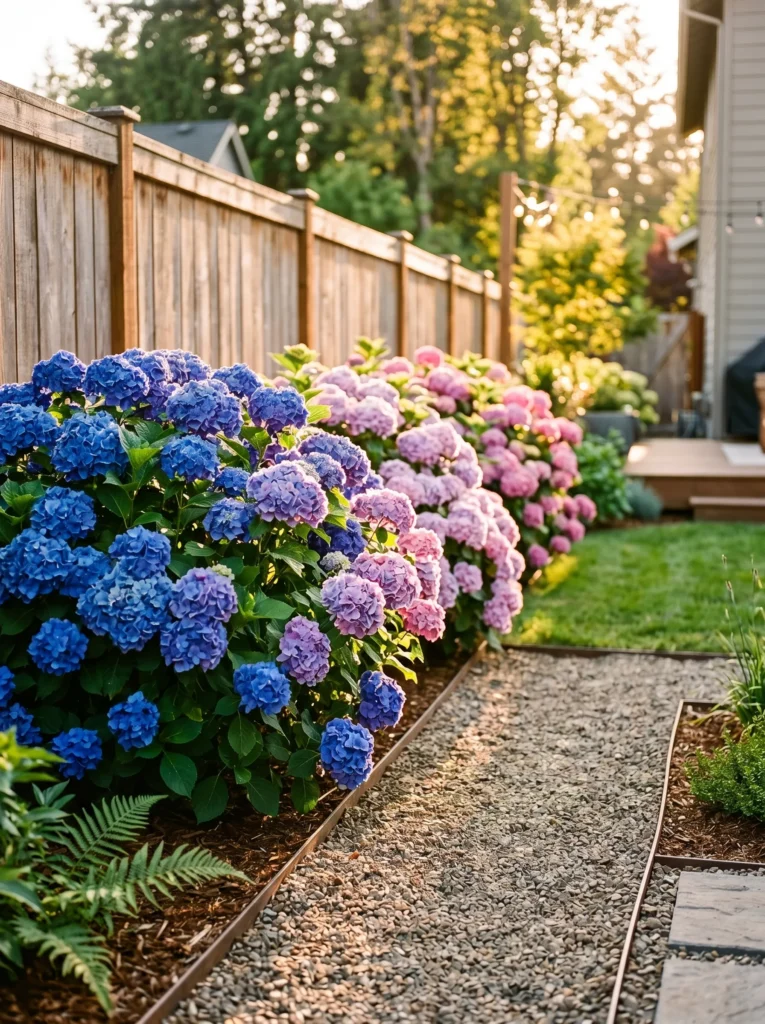 Backyard hedge scene: bigleaf hydrangeas along a cedar fence, blooms shifting from deep cobalt blue on the left to soft lavender-pink on the right. Late-afternoon backlight, warm rim light on petal edges. Gravel path in foreground, shallow focus, fence softly blurred.