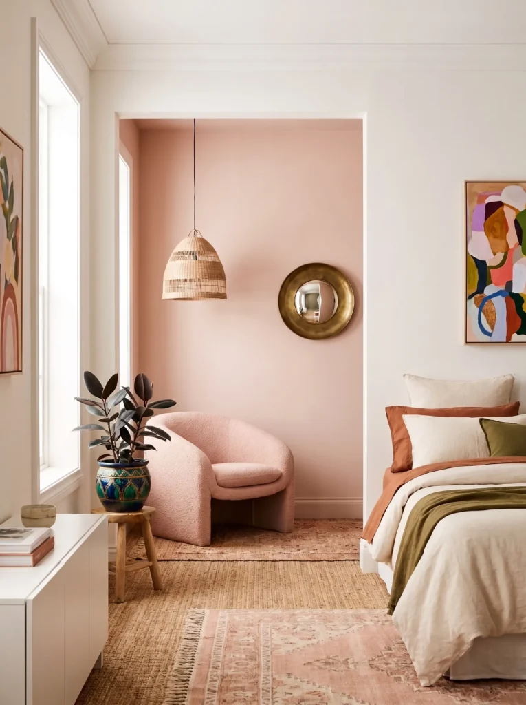 Blush reading alcove with bouclé chair, rubber plant, rattan pendant, aged-brass mirror, and layered rugs