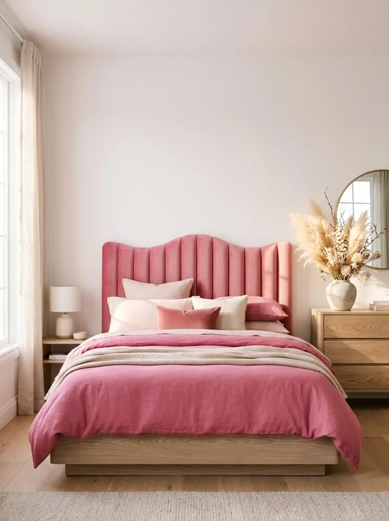 Wave-shaped blush velvet headboard on a low ash platform bed