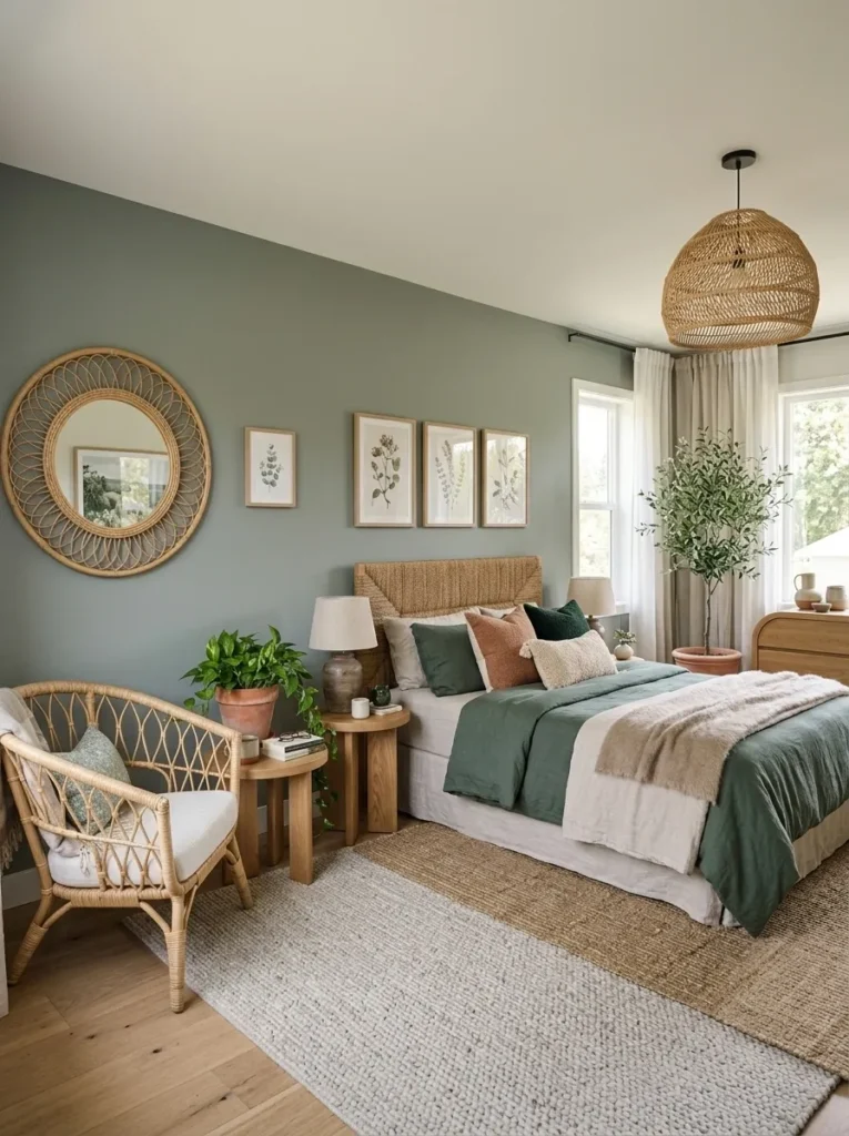 Sage board and batten wall with cane nightstand, spider plant, and botanical art.