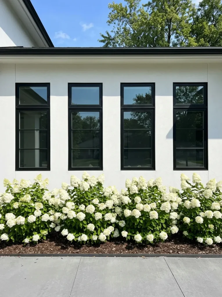 Modern home foundation bed: a tight row of compact white 'Bobo' hydrangeas beneath black-framed windows, matching the window rhythm above. Bright midday sun, crisp architectural shadows on white stucco siding. Straight-on symmetrical framing, moderate negative space above the blooms.