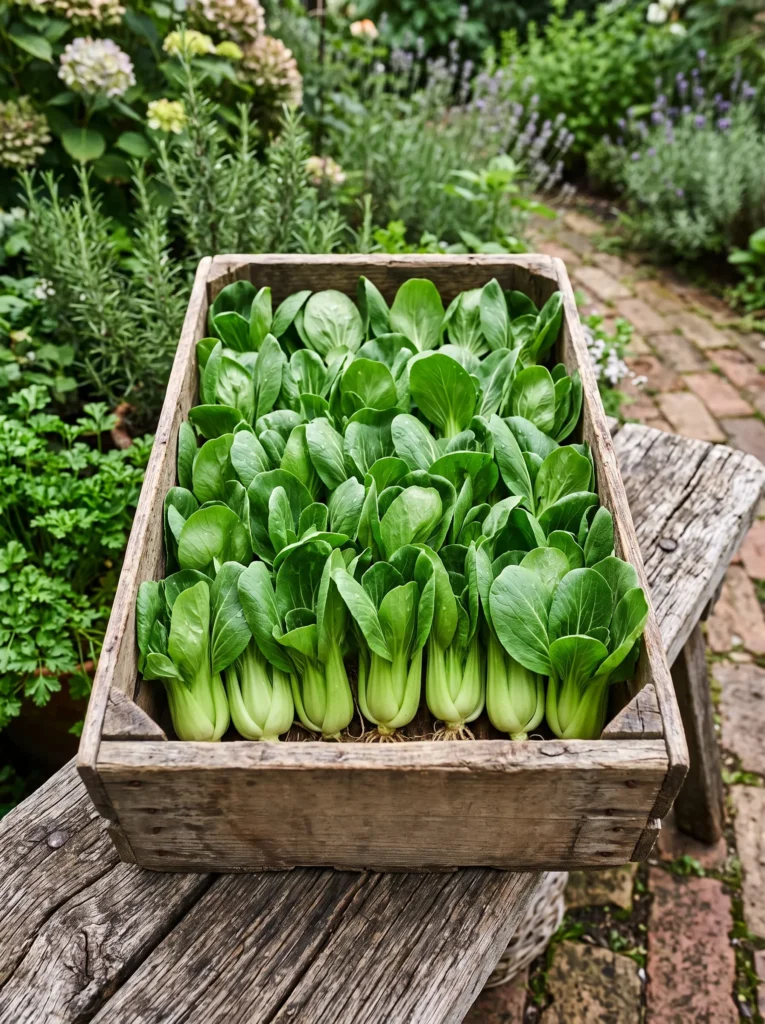  A weathered wooden fruit crate on a garden bench, filled with rows of compact baby bok choy, pale green stalks and glossy dark leaves. Soft diffused daylight. Rustic wood grain texture visible. Close overhead angle showing the crate's full contents and slight moisture on the leaves