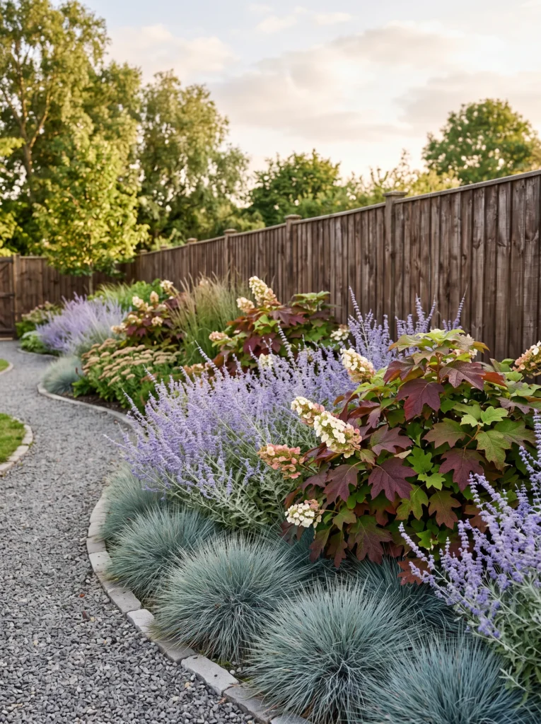 Layered fall border with burgundy hydrangea and blue fescue.