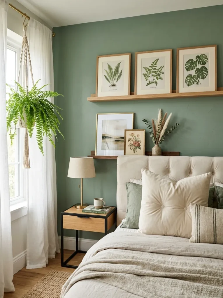 Sage accent wall with botanical prints, cream pillow, wood ledge, and Boston fern.