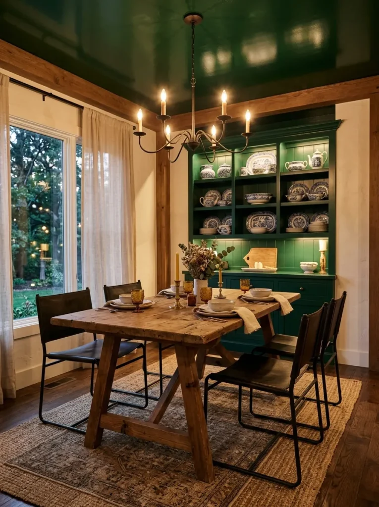 Glossy bottle-green ceiling above a reclaimed pine dining table