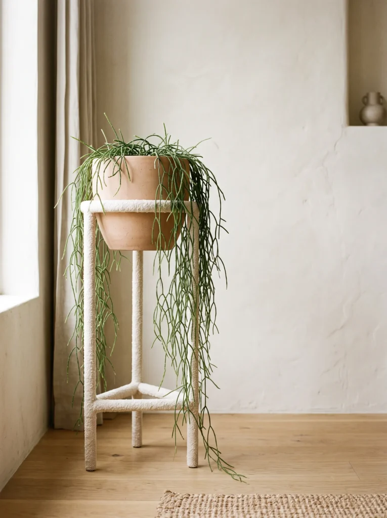  Cream boucle-wrapped iron plant stand with trailing rhipsalis in a textured room corner