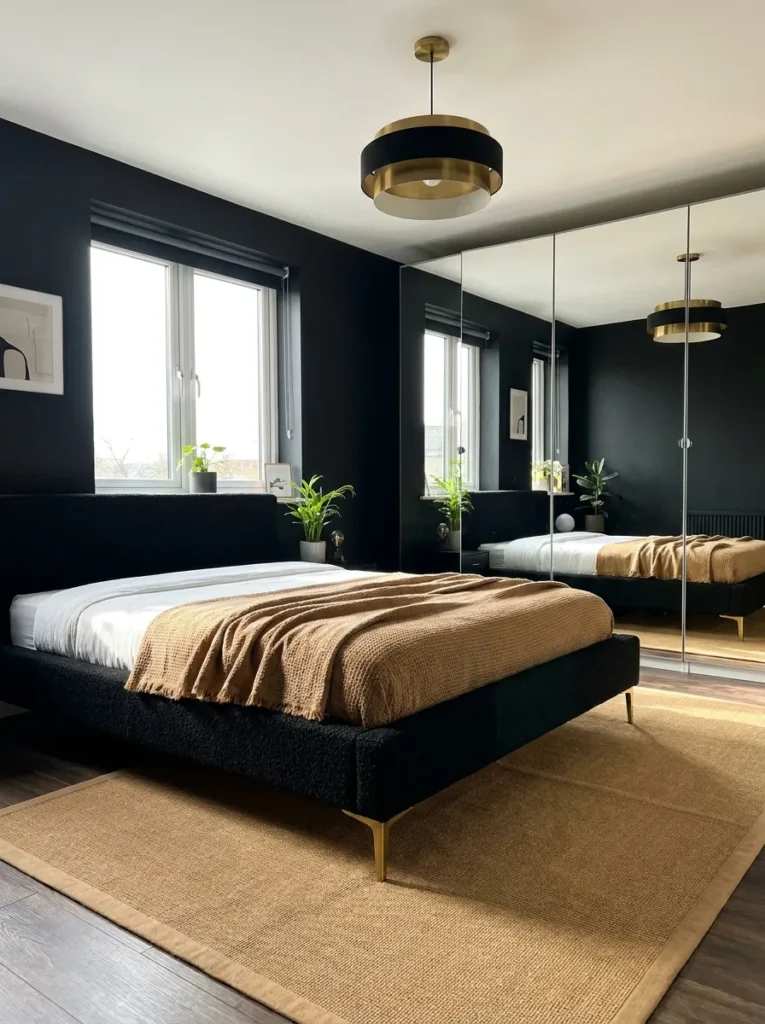 Thin brass inlay strip framing a headboard wall in a charcoal-black bedroom